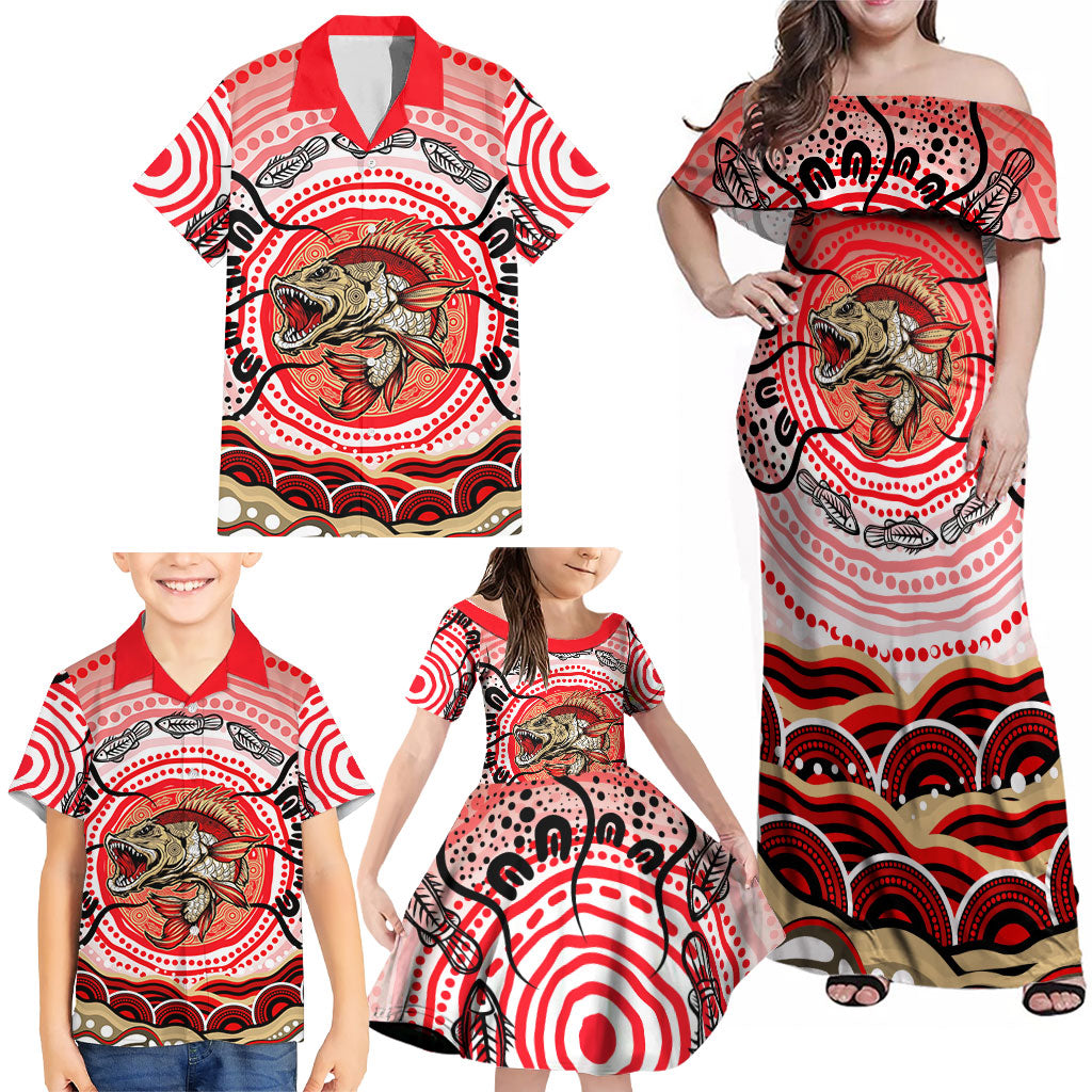 Personalised Aboriginal Barramundi Fish Family Matching Off Shoulder Maxi Dress and Hawaiian Shirt Indigenous Dot Art - Dreamtime Spirit Animal
