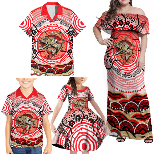 Personalised Aboriginal Barramundi Fish Family Matching Off Shoulder Maxi Dress and Hawaiian Shirt Indigenous Dot Art - Dreamtime Spirit Animal