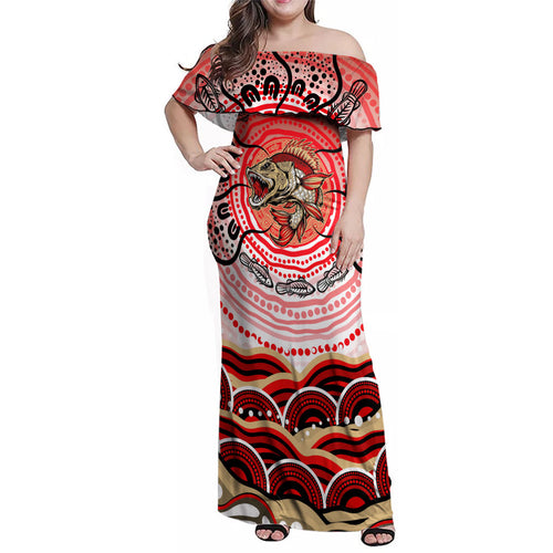 Personalised Aboriginal Barramundi Fish Family Matching Off Shoulder Maxi Dress and Hawaiian Shirt Indigenous Dot Art - Dreamtime Spirit Animal