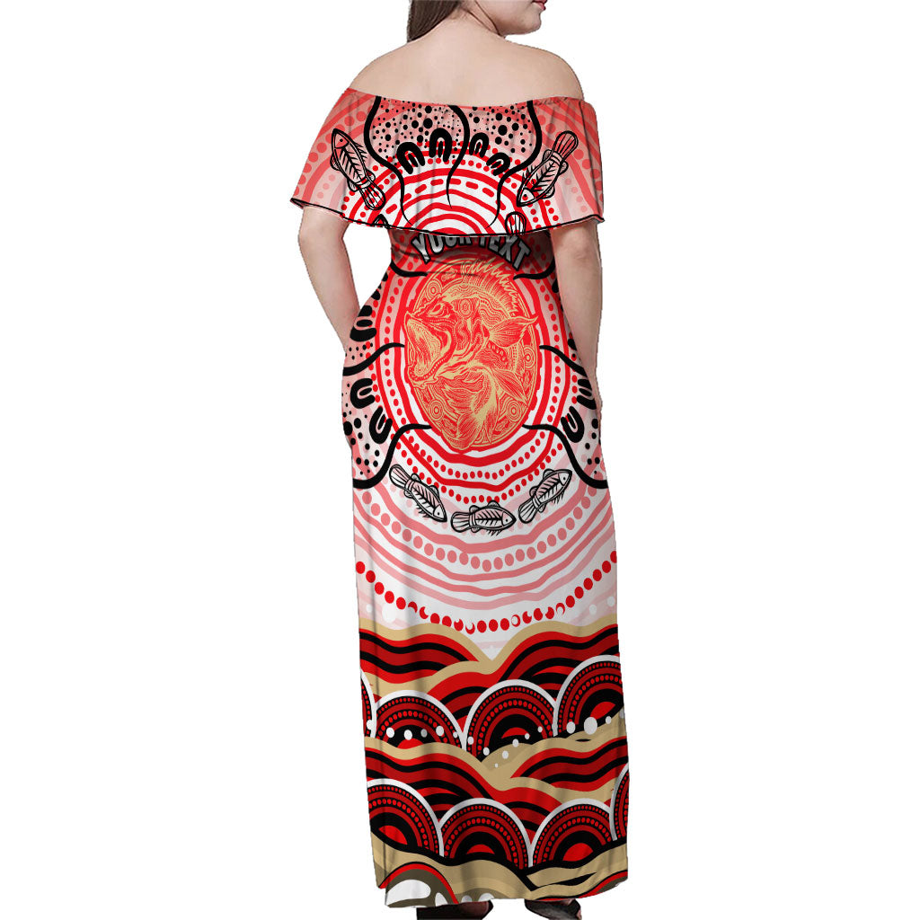 Personalised Aboriginal Barramundi Fish Family Matching Off Shoulder Maxi Dress and Hawaiian Shirt Indigenous Dot Art - Dreamtime Spirit Animal