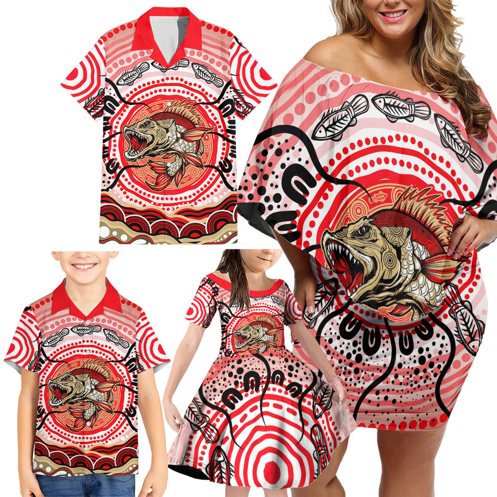 Personalised Aboriginal Barramundi Fish Family Matching Off Shoulder Short Dress and Hawaiian Shirt Indigenous Dot Art - Dreamtime Spirit Animal