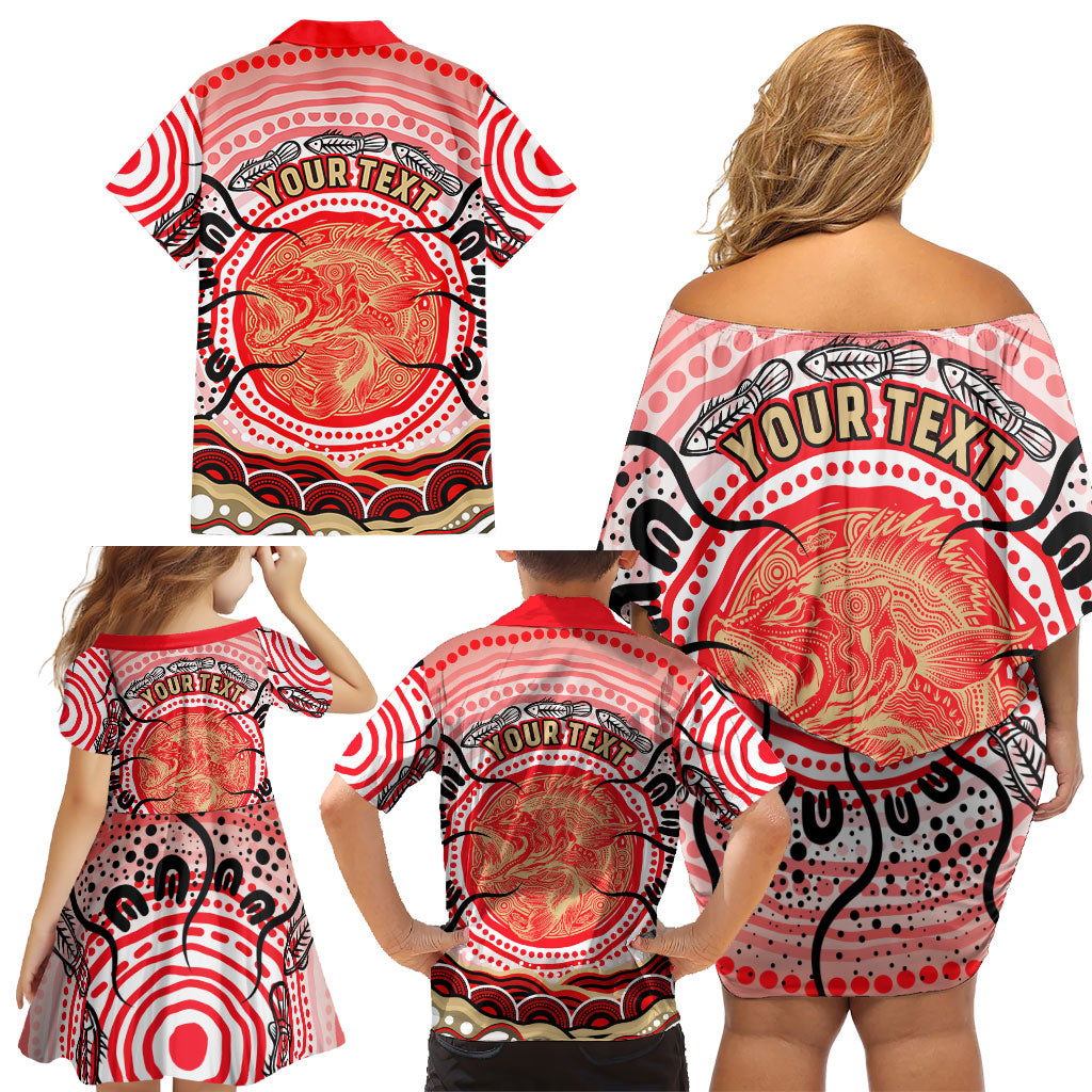 Personalised Aboriginal Barramundi Fish Family Matching Off Shoulder Short Dress and Hawaiian Shirt Indigenous Dot Art - Dreamtime Spirit Animal
