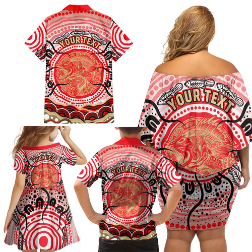 Personalised Aboriginal Barramundi Fish Family Matching Off Shoulder Short Dress and Hawaiian Shirt Indigenous Dot Art - Dreamtime Spirit Animal