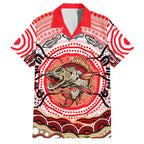 Personalised Aboriginal Barramundi Fish Family Matching Off Shoulder Short Dress and Hawaiian Shirt Indigenous Dot Art - Dreamtime Spirit Animal
