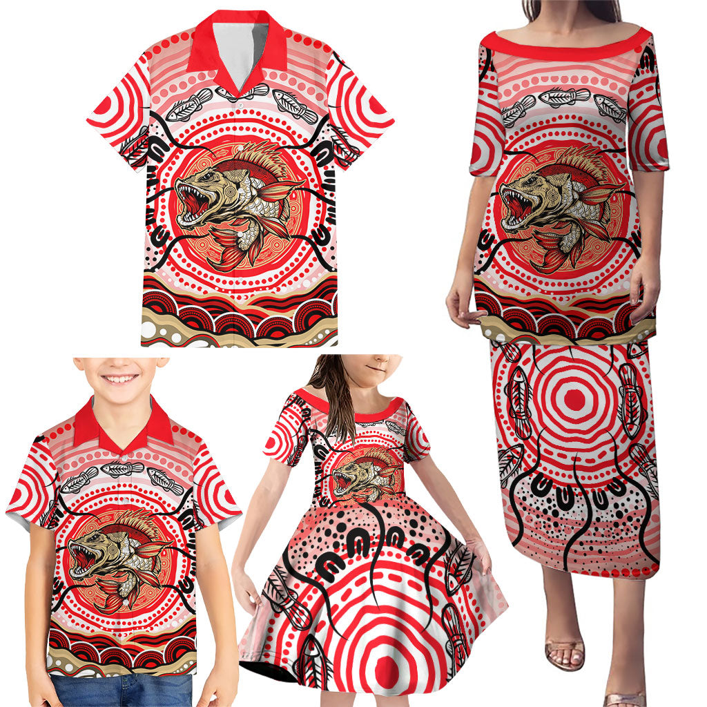 Personalised Aboriginal Barramundi Fish Family Matching Puletasi and Hawaiian Shirt Indigenous Dot Art - Dreamtime Spirit Animal