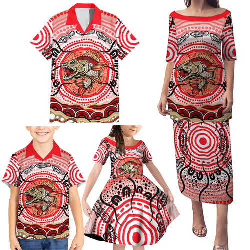 Personalised Aboriginal Barramundi Fish Family Matching Puletasi and Hawaiian Shirt Indigenous Dot Art - Dreamtime Spirit Animal