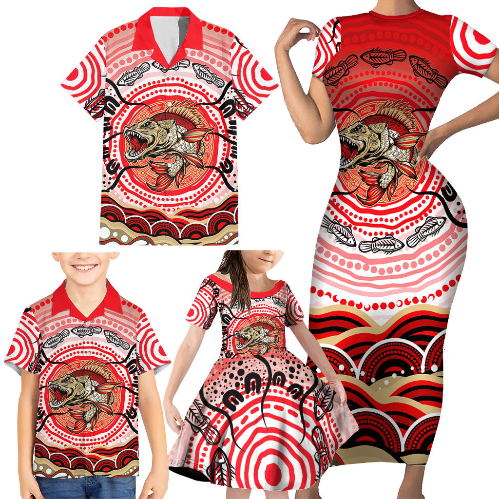 Personalised Aboriginal Barramundi Fish Family Matching Short Sleeve Bodycon Dress and Hawaiian Shirt Indigenous Dot Art - Dreamtime Spirit Animal
