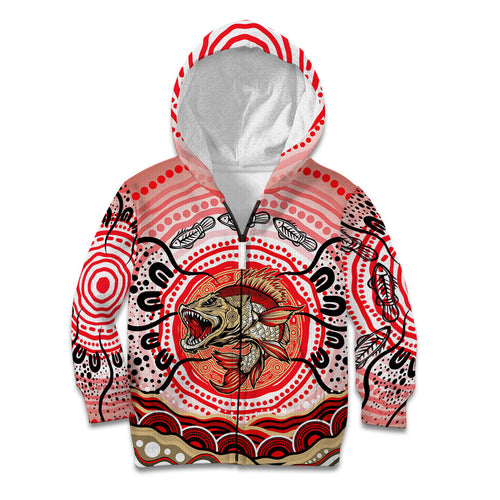 Personalised Aboriginal Barramundi Fish Kid Hoodie Indigenous Dot Art - Dreamtime Spirit Animal