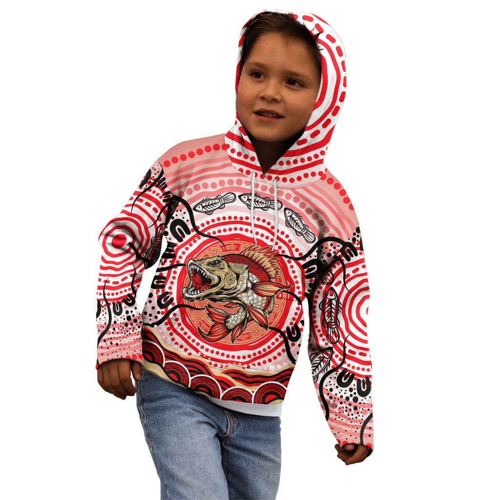 Personalised Aboriginal Barramundi Fish Kid Hoodie Indigenous Dot Art - Dreamtime Spirit Animal