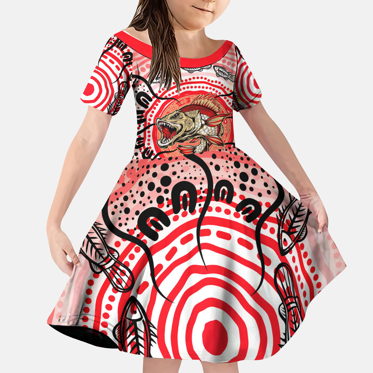 Personalised Aboriginal Barramundi Fish Kid Short Sleeve Dress Indigenous Dot Art - Dreamtime Spirit Animal
