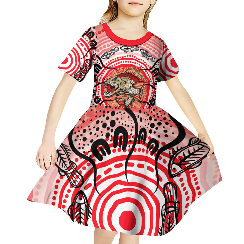 Personalised Aboriginal Barramundi Fish Kid Short Sleeve Dress Indigenous Dot Art - Dreamtime Spirit Animal