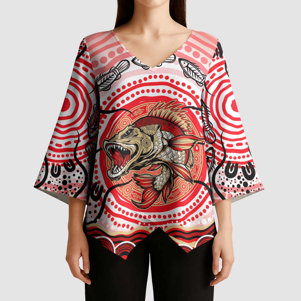 Personalised Aboriginal Barramundi Fish Kimono Sleeve Blouse Indigenous Dot Art - Dreamtime Spirit Animal