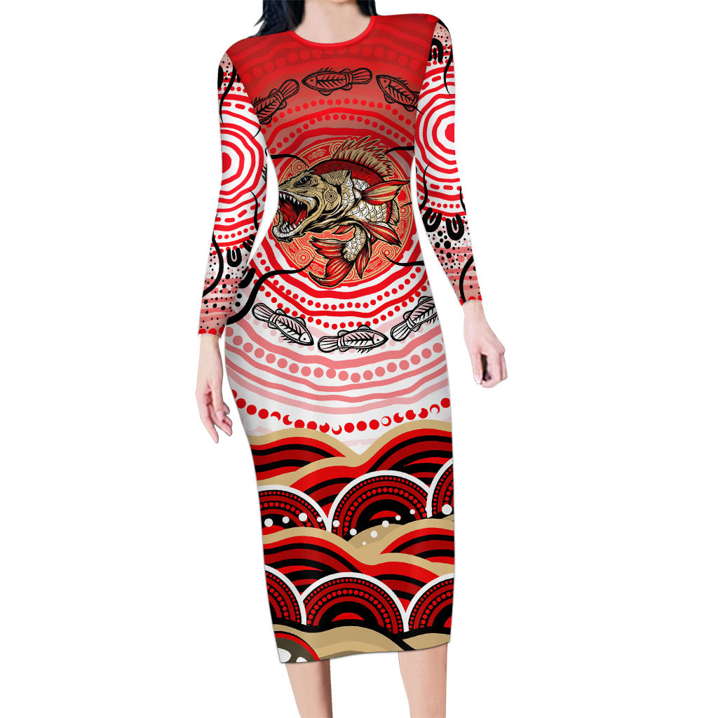 Personalised Aboriginal Barramundi Fish Long Sleeve Bodycon Dress Indigenous Dot Art - Dreamtime Spirit Animal