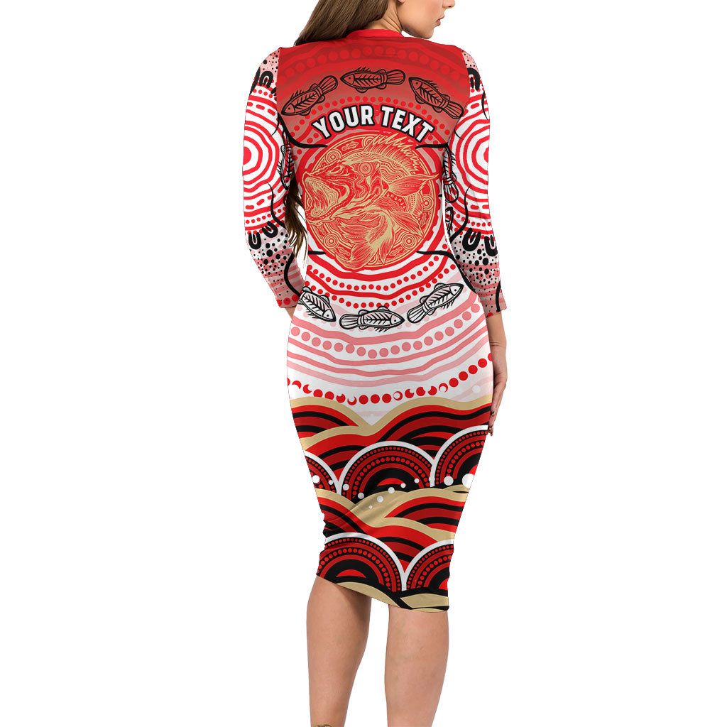 Personalised Aboriginal Barramundi Fish Long Sleeve Bodycon Dress Indigenous Dot Art - Dreamtime Spirit Animal