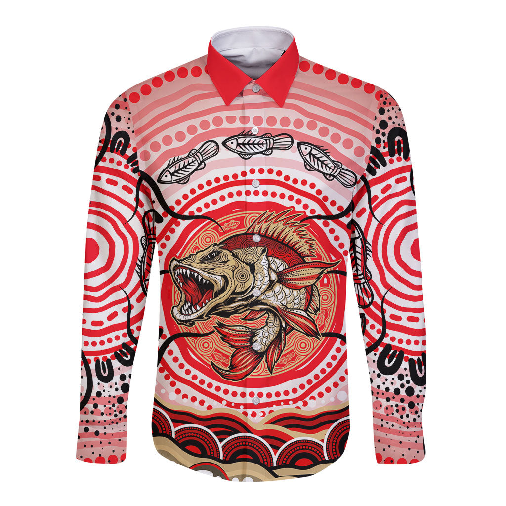 Personalised Aboriginal Barramundi Fish Long Sleeve Button Shirt Indigenous Dot Art - Dreamtime Spirit Animal