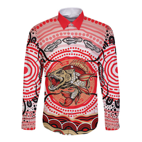 Personalised Aboriginal Barramundi Fish Long Sleeve Button Shirt Indigenous Dot Art - Dreamtime Spirit Animal