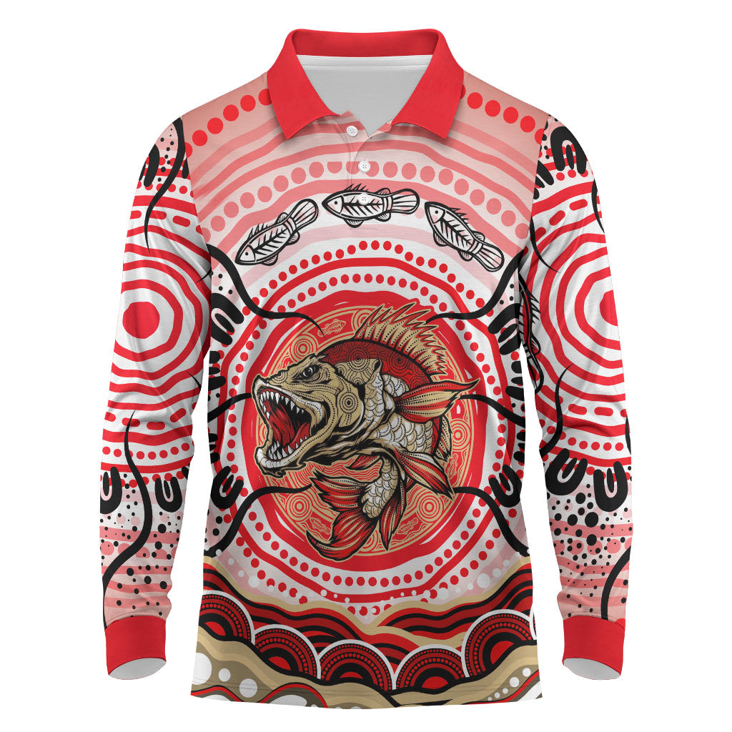 Personalised Aboriginal Barramundi Fish Long Sleeve Polo Shirt Indigenous Dot Art - Dreamtime Spirit Animal