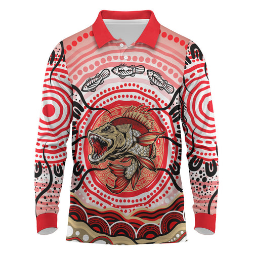Personalised Aboriginal Barramundi Fish Long Sleeve Polo Shirt Indigenous Dot Art - Dreamtime Spirit Animal