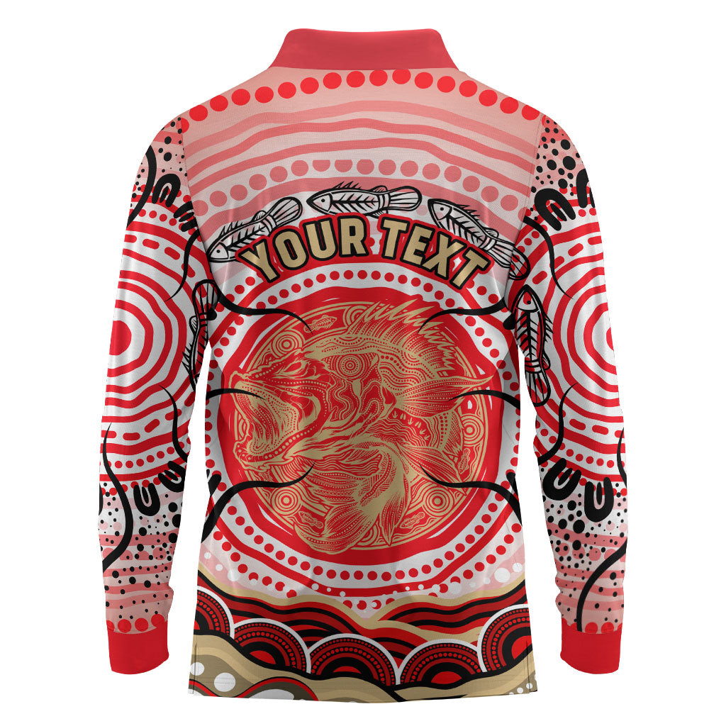 Personalised Aboriginal Barramundi Fish Long Sleeve Polo Shirt Indigenous Dot Art - Dreamtime Spirit Animal