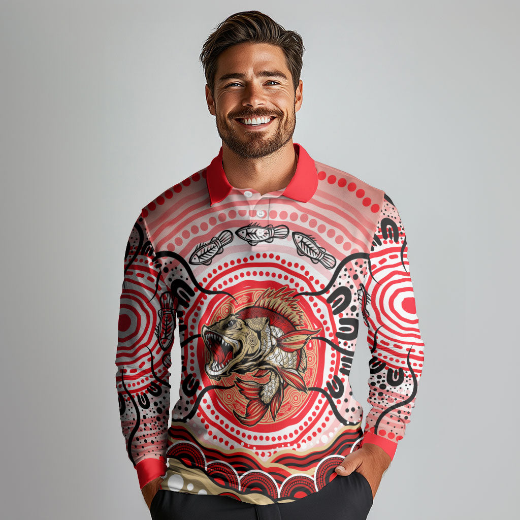 Personalised Aboriginal Barramundi Fish Long Sleeve Polo Shirt Indigenous Dot Art - Dreamtime Spirit Animal
