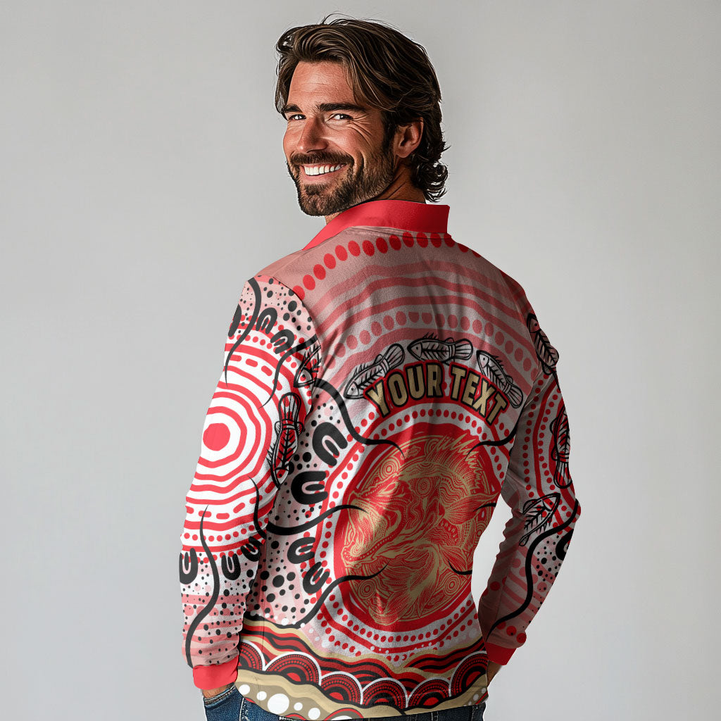 Personalised Aboriginal Barramundi Fish Long Sleeve Polo Shirt Indigenous Dot Art - Dreamtime Spirit Animal