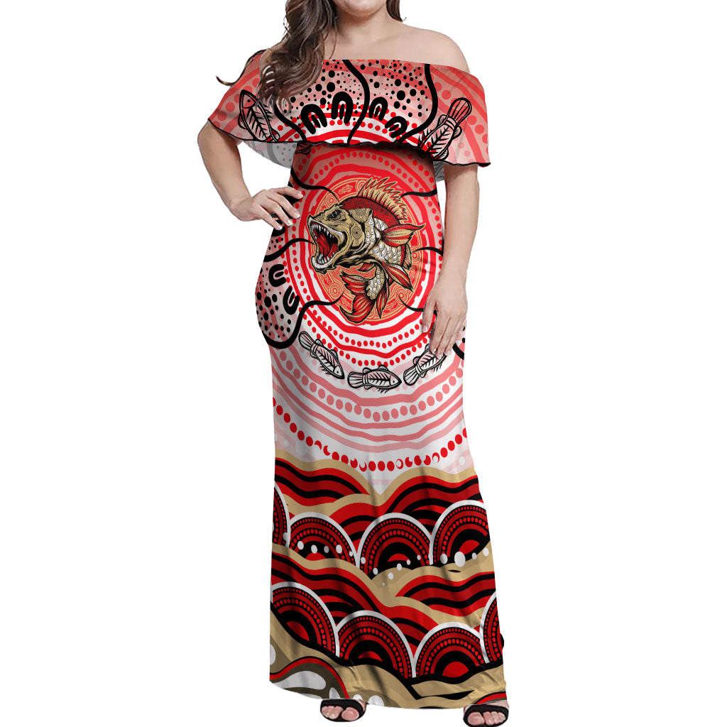 Personalised Aboriginal Barramundi Fish Off Shoulder Maxi Dress Indigenous Dot Art - Dreamtime Spirit Animal