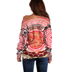 Personalised Aboriginal Barramundi Fish Off Shoulder Sweater Indigenous Dot Art - Dreamtime Spirit Animal