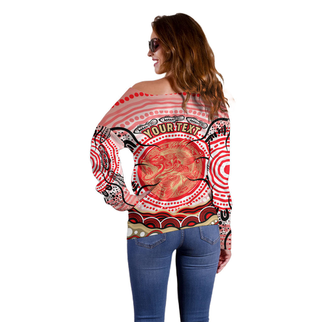 Personalised Aboriginal Barramundi Fish Off Shoulder Sweater Indigenous Dot Art - Dreamtime Spirit Animal