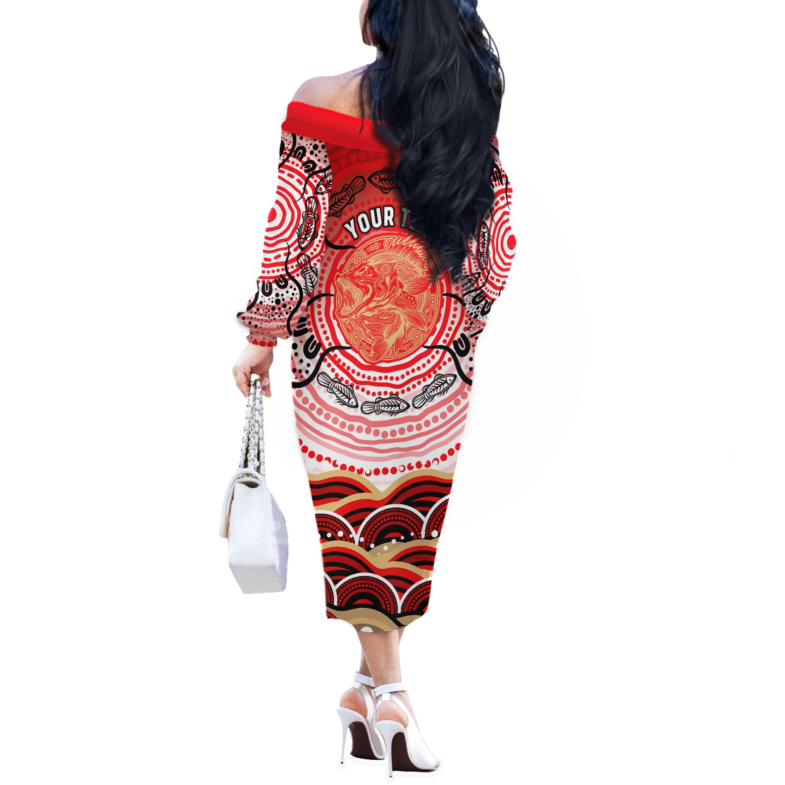 Personalised Aboriginal Barramundi Fish Off The Shoulder Long Sleeve Dress Indigenous Dot Art - Dreamtime Spirit Animal