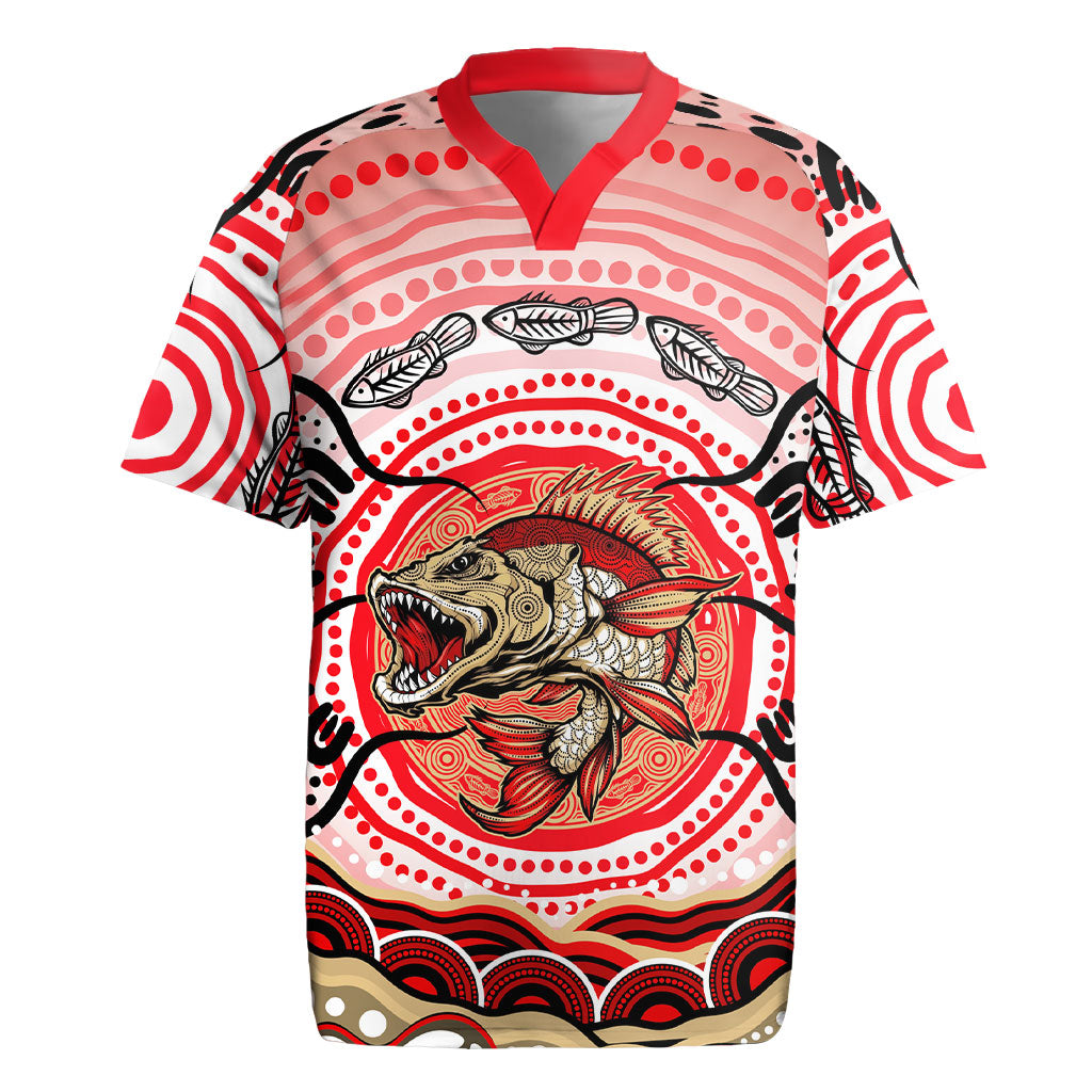 Personalised Aboriginal Barramundi Fish Rugby Jersey Indigenous Dot Art - Dreamtime Spirit Animal