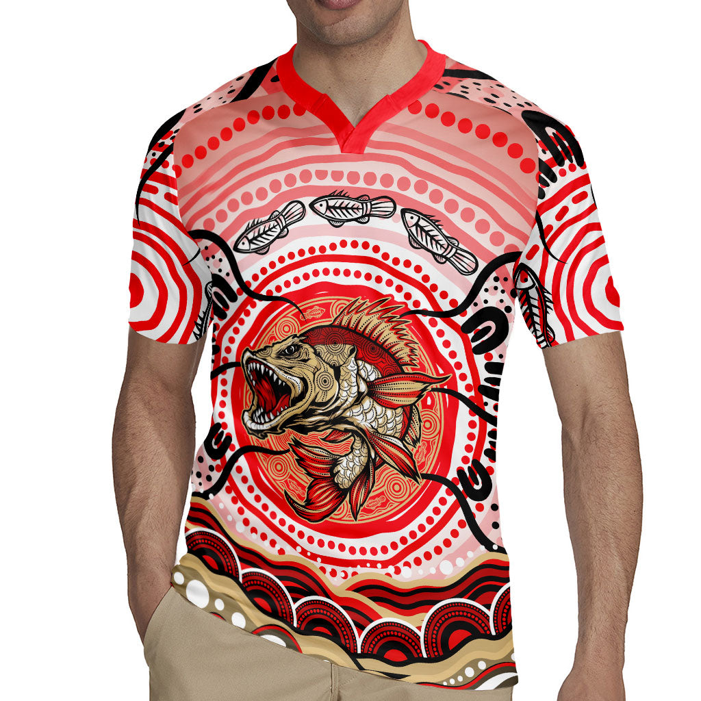 Personalised Aboriginal Barramundi Fish Rugby Jersey Indigenous Dot Art - Dreamtime Spirit Animal