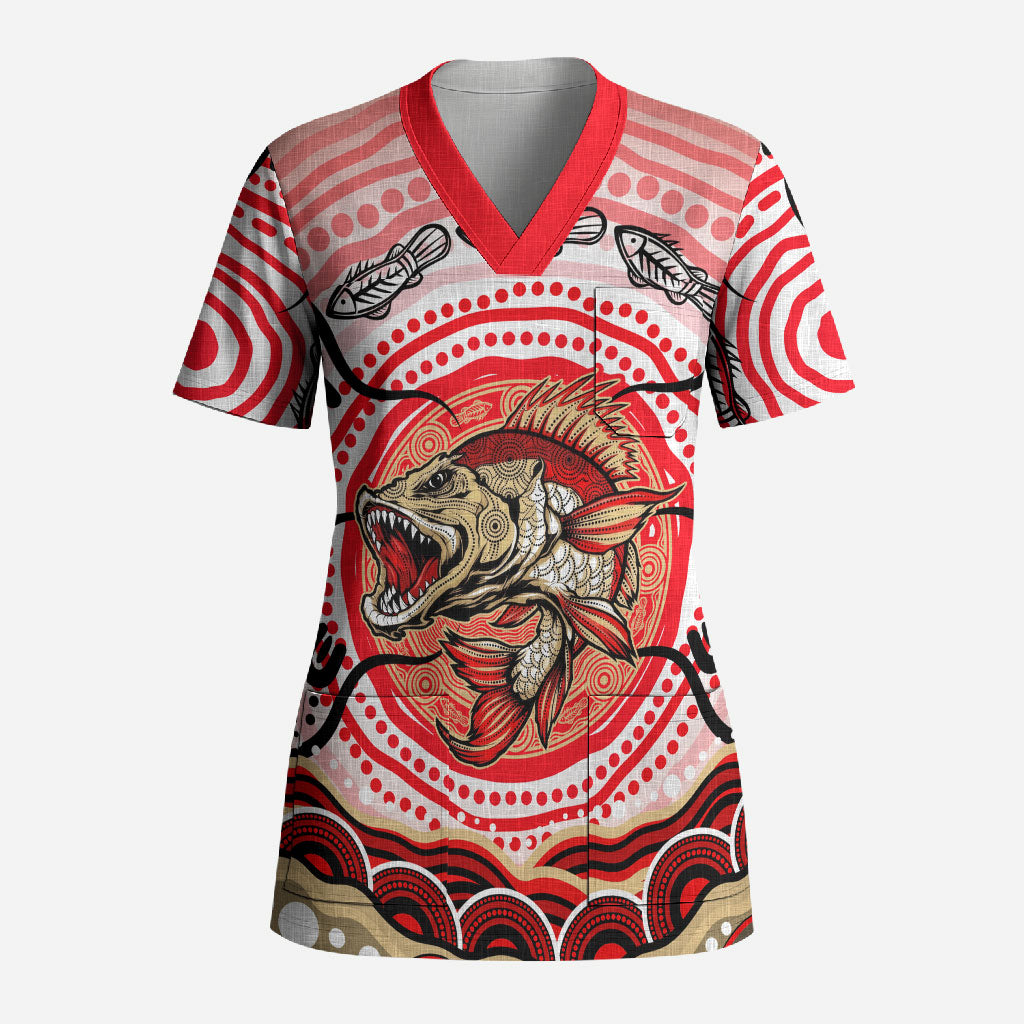 Personalised Aboriginal Barramundi Fish Scrub Top Indigenous Dot Art - Dreamtime Spirit Animal
