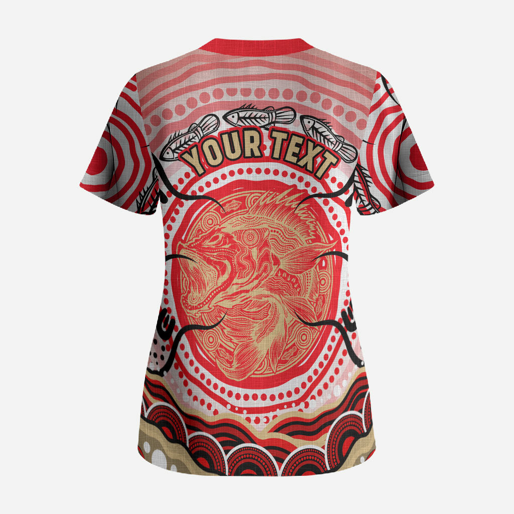Personalised Aboriginal Barramundi Fish Scrub Top Indigenous Dot Art - Dreamtime Spirit Animal