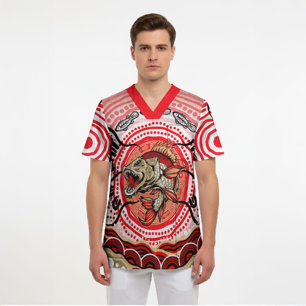 Personalised Aboriginal Barramundi Fish Scrub Top Indigenous Dot Art - Dreamtime Spirit Animal