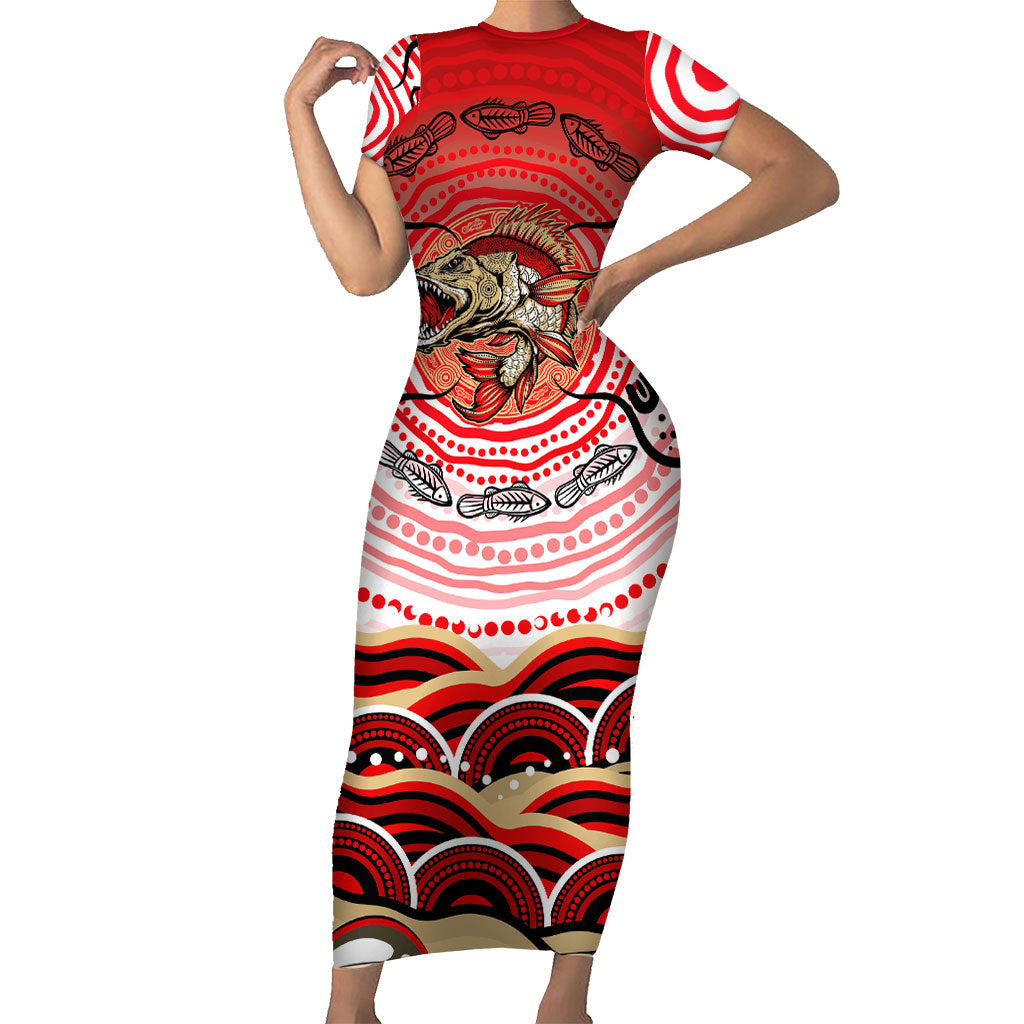 Personalised Aboriginal Barramundi Fish Short Sleeve Bodycon Dress Indigenous Dot Art - Dreamtime Spirit Animal