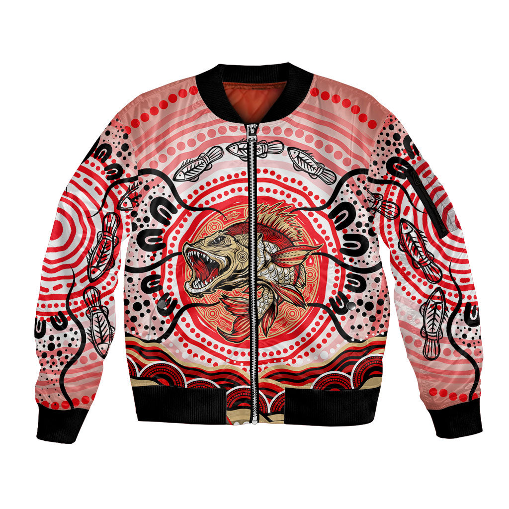 Personalised Aboriginal Barramundi Fish Sleeve Zip Bomber Jacket Indigenous Dot Art - Dreamtime Spirit Animal