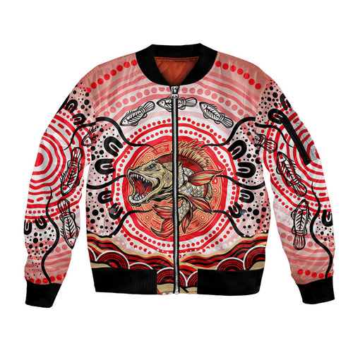Personalised Aboriginal Barramundi Fish Sleeve Zip Bomber Jacket Indigenous Dot Art - Dreamtime Spirit Animal