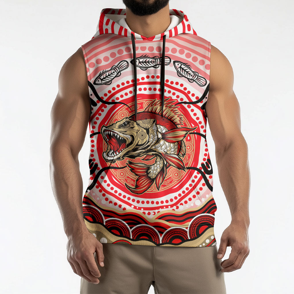 Personalised Aboriginal Barramundi Fish Sleeveless Hoodie Indigenous Dot Art - Dreamtime Spirit Animal