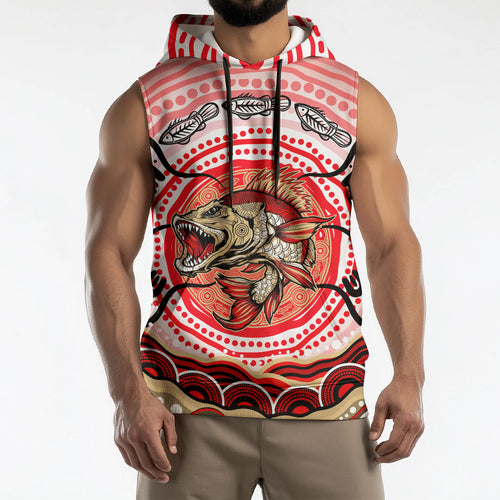 Personalised Aboriginal Barramundi Fish Sleeveless Hoodie Indigenous Dot Art - Dreamtime Spirit Animal
