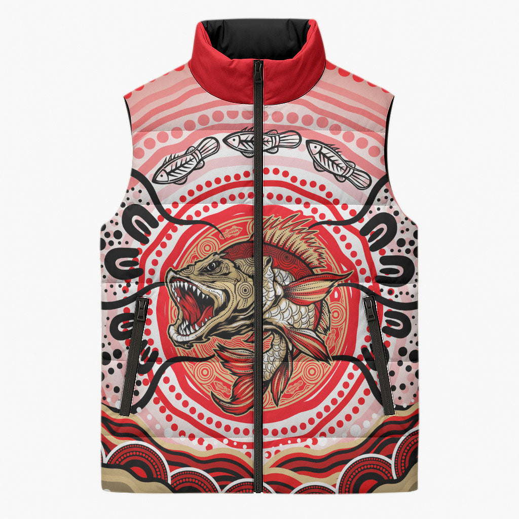 Personalised Aboriginal Barramundi Fish Sleeveless Puffer Jacket Indigenous Dot Art - Dreamtime Spirit Animal