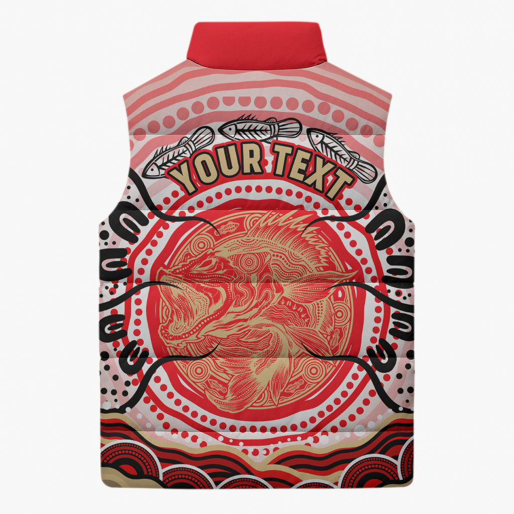 Personalised Aboriginal Barramundi Fish Sleeveless Puffer Jacket Indigenous Dot Art - Dreamtime Spirit Animal