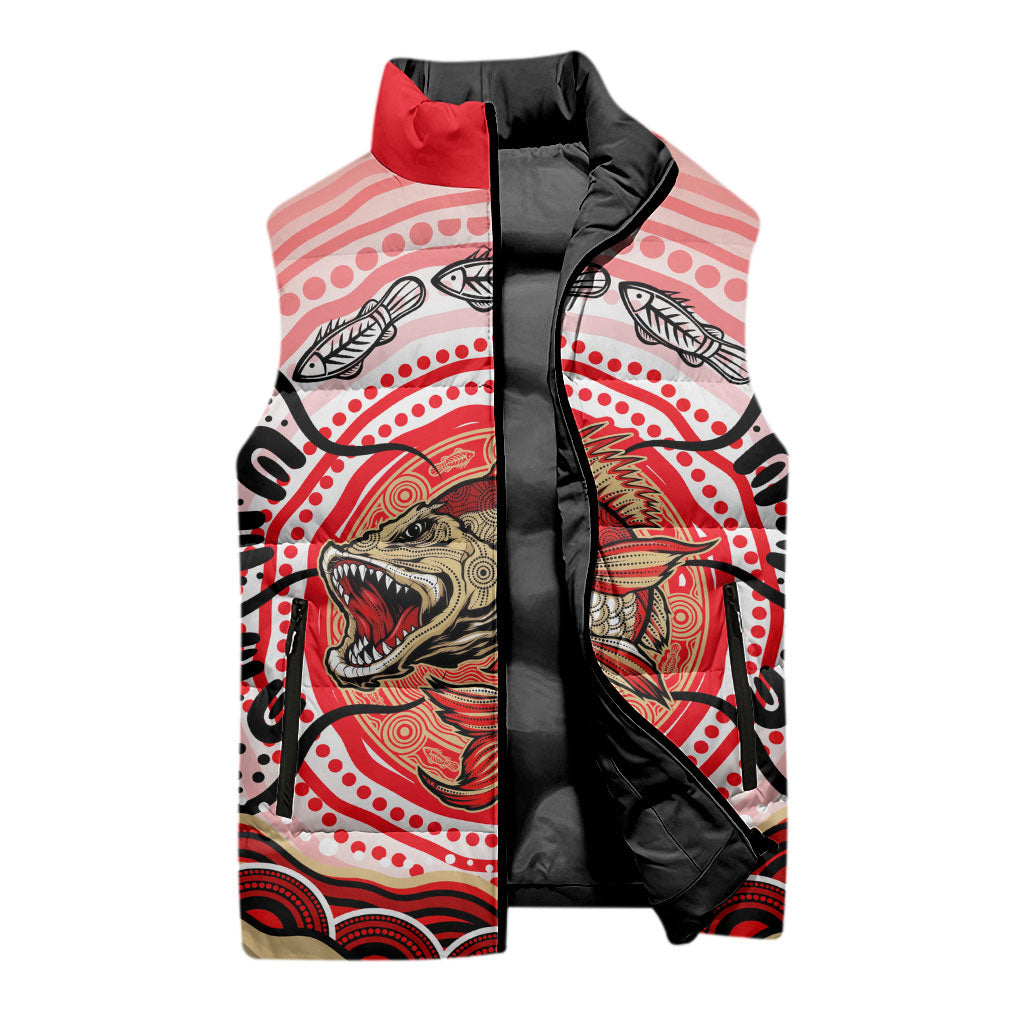Personalised Aboriginal Barramundi Fish Sleeveless Puffer Jacket Indigenous Dot Art - Dreamtime Spirit Animal