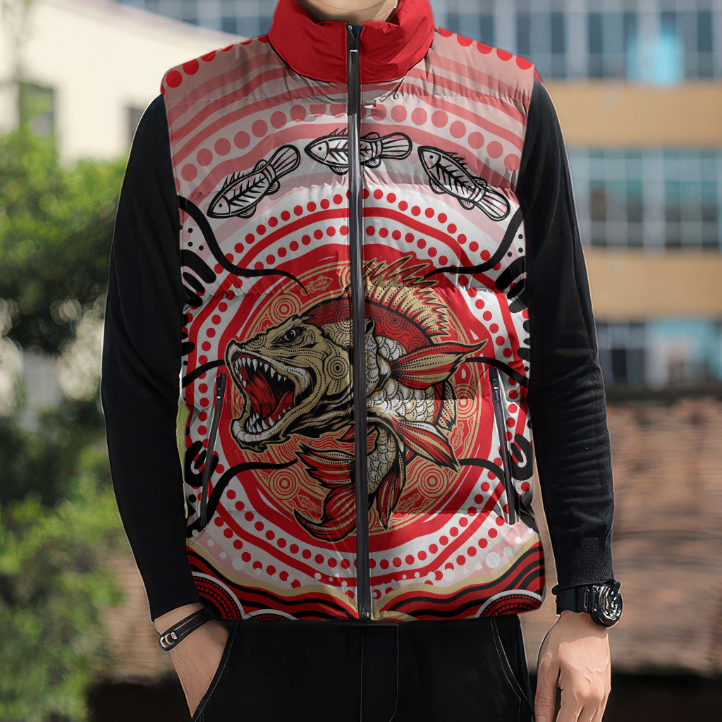Personalised Aboriginal Barramundi Fish Sleeveless Puffer Jacket Indigenous Dot Art - Dreamtime Spirit Animal