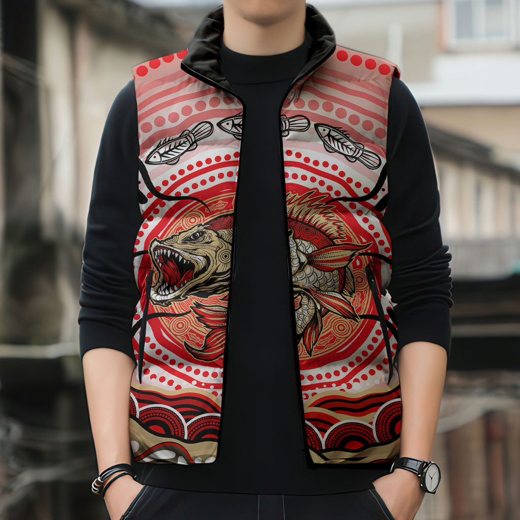 Personalised Aboriginal Barramundi Fish Sleeveless Puffer Jacket Indigenous Dot Art - Dreamtime Spirit Animal