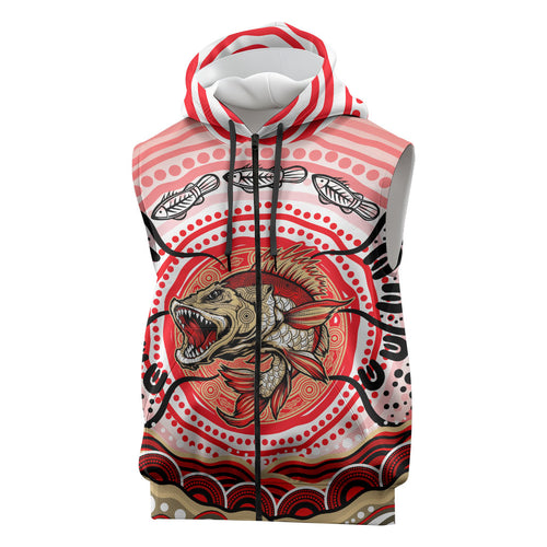 Personalised Aboriginal Barramundi Fish Sleeveless Zip Hoodie Indigenous Dot Art - Dreamtime Spirit Animal