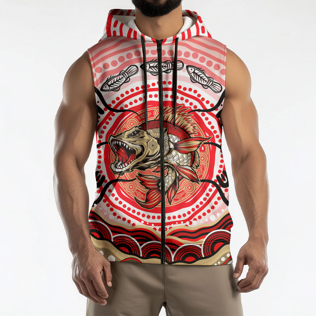 Personalised Aboriginal Barramundi Fish Sleeveless Zip Hoodie Indigenous Dot Art - Dreamtime Spirit Animal