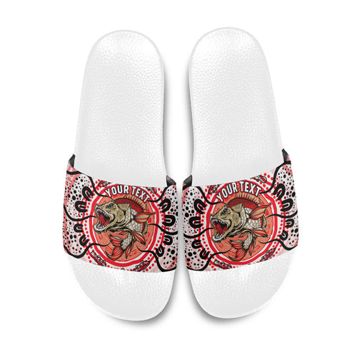 Personalised Aboriginal Barramundi Fish Slide Sandals Indigenous Dot Art - Dreamtime Spirit Animal