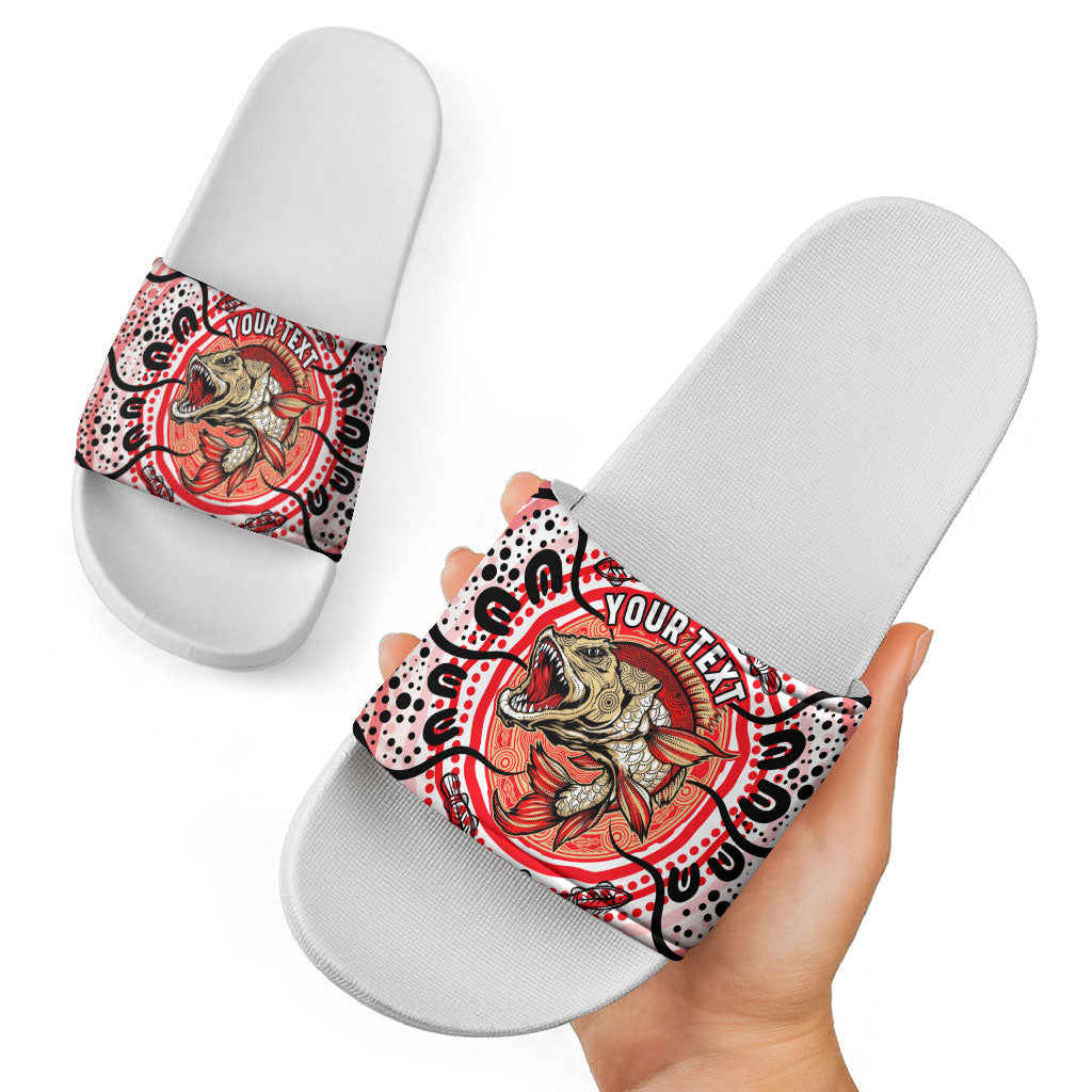 Personalised Aboriginal Barramundi Fish Slide Sandals Indigenous Dot Art - Dreamtime Spirit Animal