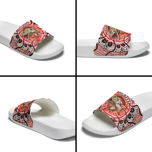 Personalised Aboriginal Barramundi Fish Slide Sandals Indigenous Dot Art - Dreamtime Spirit Animal