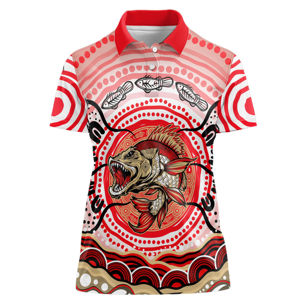 Personalised Aboriginal Barramundi Fish Women Polo Shirt Indigenous Dot Art - Dreamtime Spirit Animal